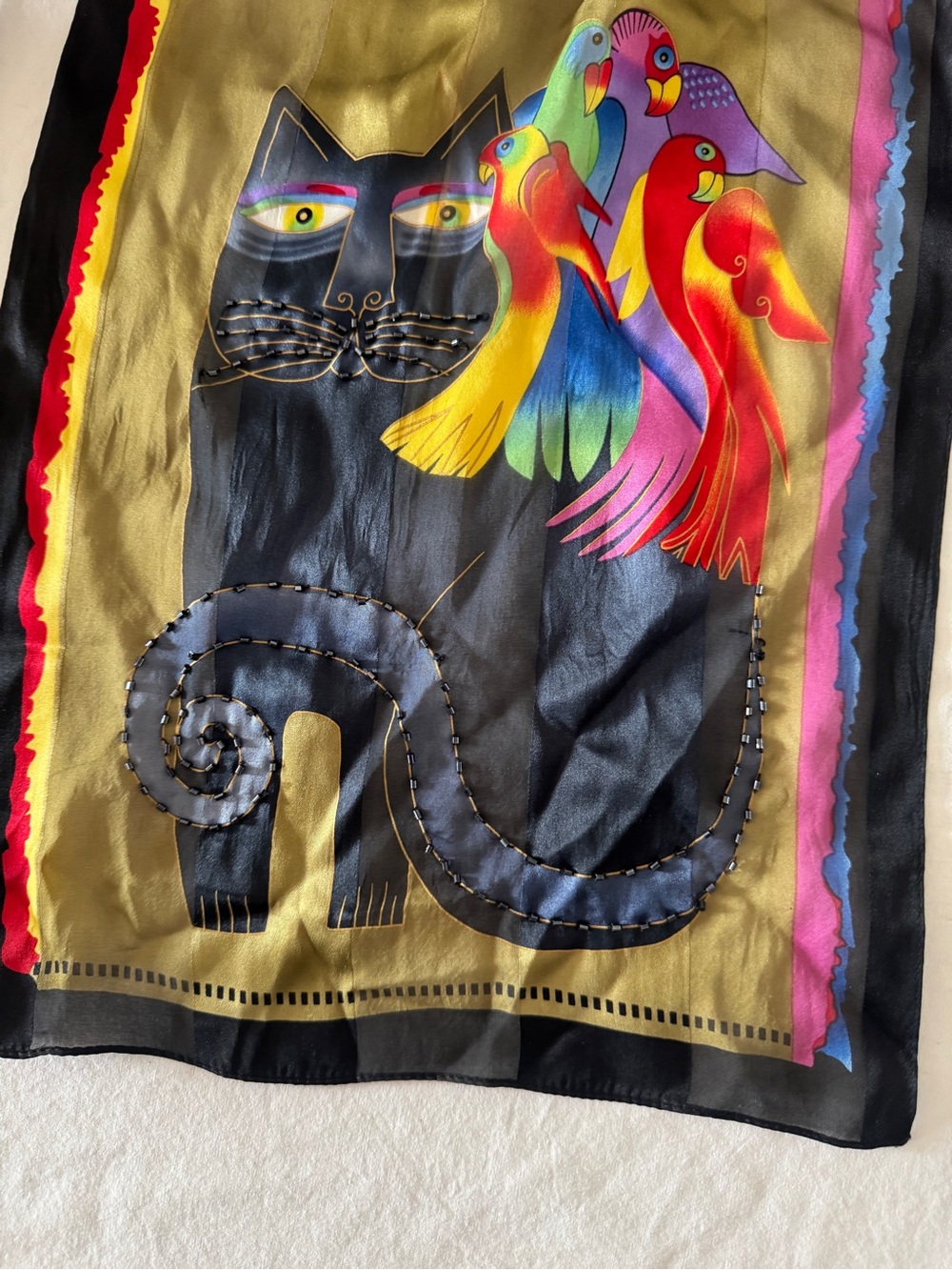 Vintage Laurel Burch Black Cat Parrot Silk Scarf Multicolor Art Wear Collectible - Picture 6 of 16